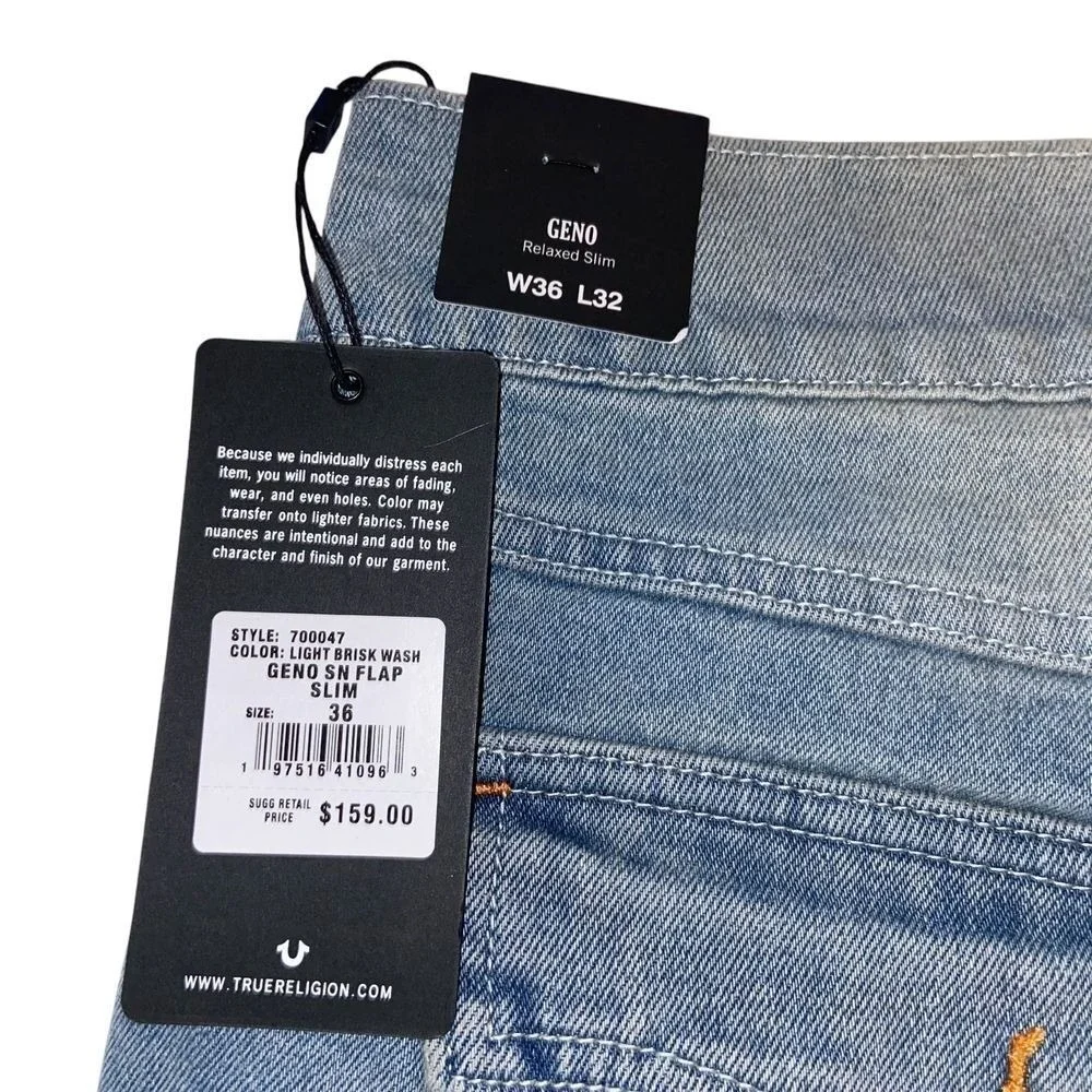 True Religion Geno Relaxed Slim Jeans Light Brisk 36x32 Horseshoe Flap Pocket